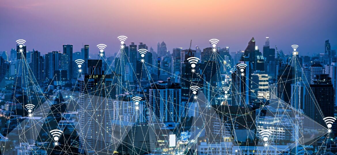 Wifi and 5G digital network Concept.Smart city and communication network,LPWA (Low Power Wide Area),Wireless communication,Big data,iot(internet of thing) on Bangkok city Thailand background.